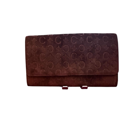 Celine Brown Suede Monogram Long Snap Wallet
